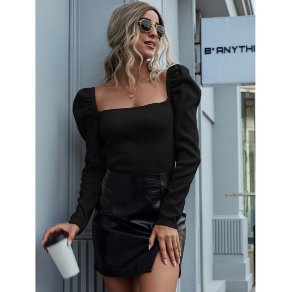 Puff Shoulder Square Neck Black Knit Top - Picture 2 of 8